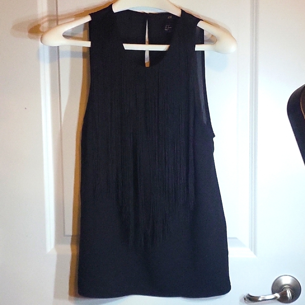 H&M Black Fringe Front Sheer Back Top Size 4